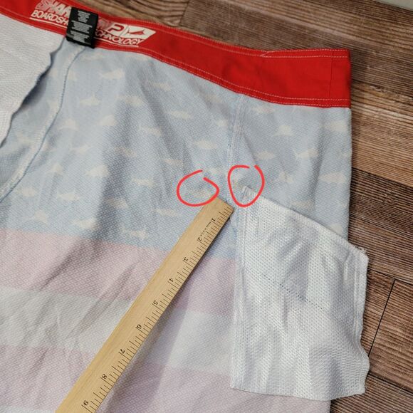 Pelagic Sharkskin Men’s 40 Red Blue American Camo Board Shorts Fish Print - Picture 13 of 15